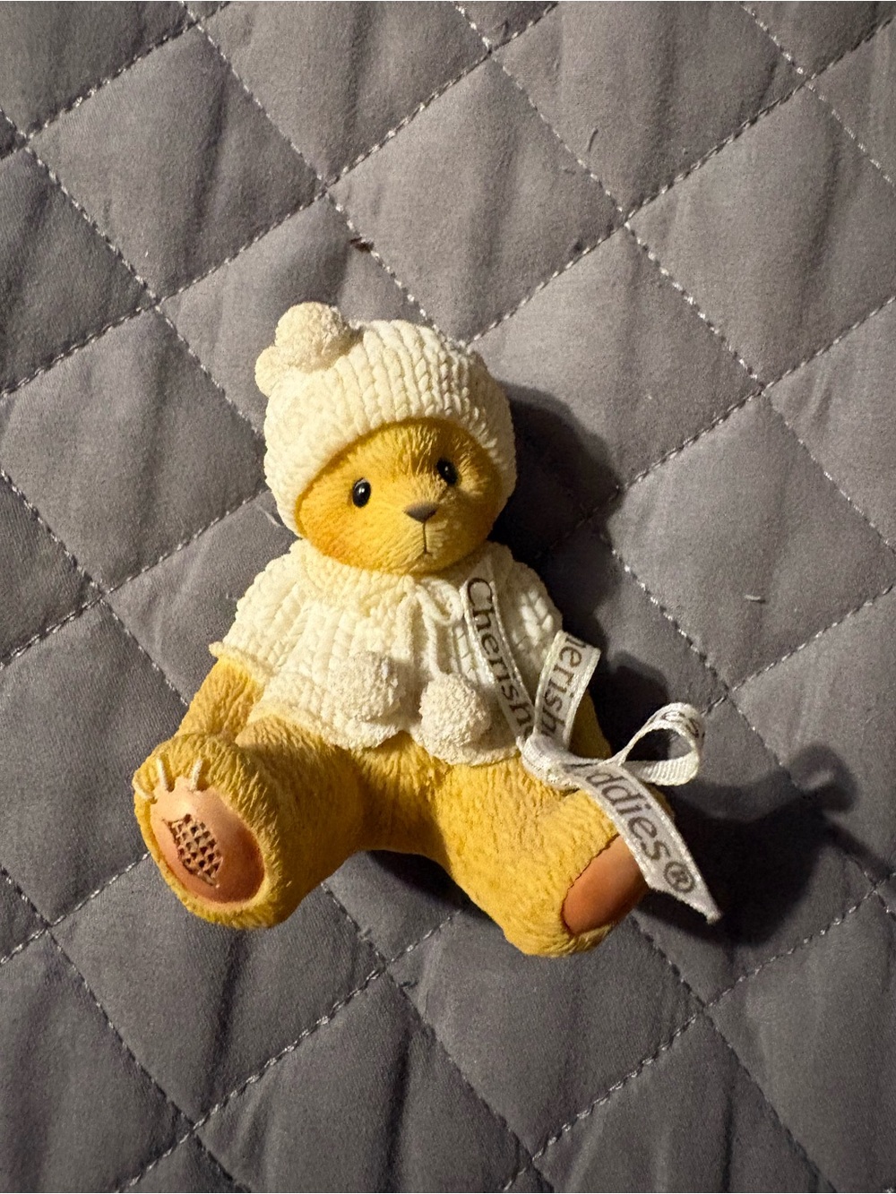 Cherished Teddies Yellow Bear in Cream Knit Hat & Sweater